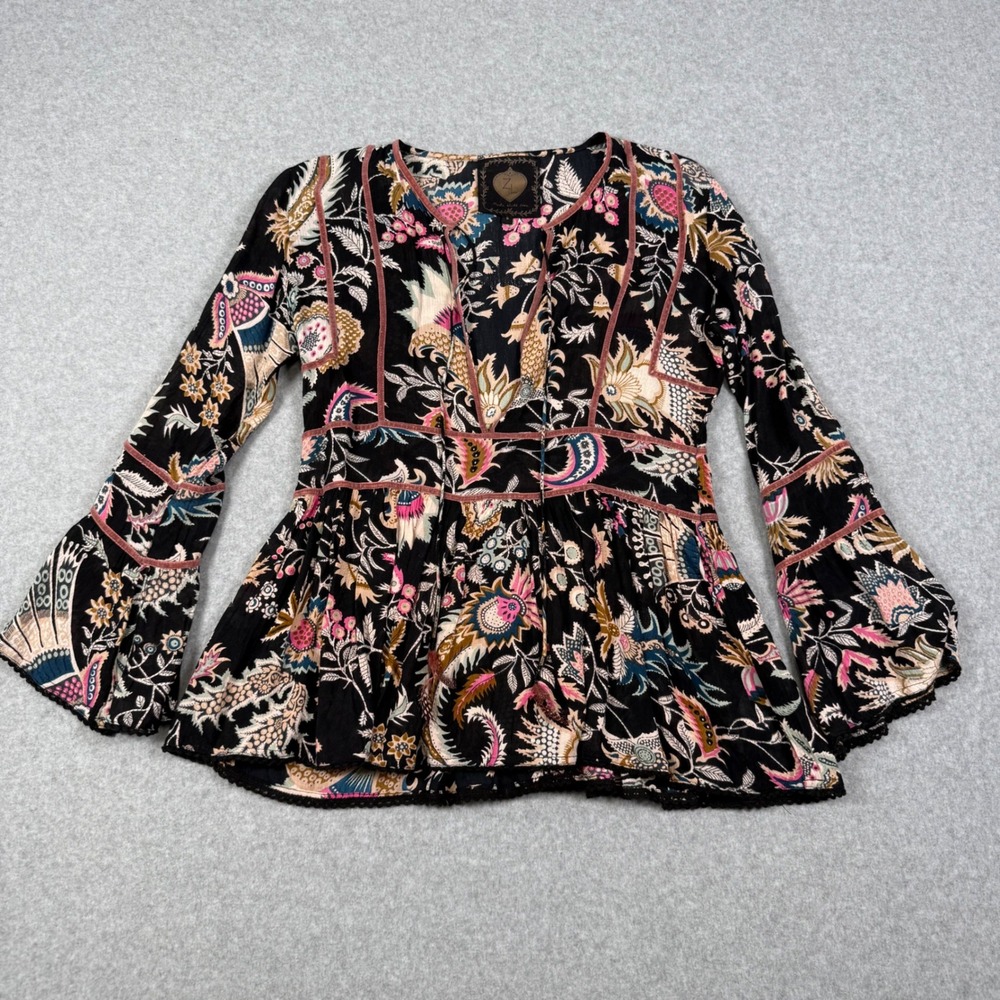 Z&L Europe Womens Boho Floral Paisley Peplum Top Bell Sleeve Black Small